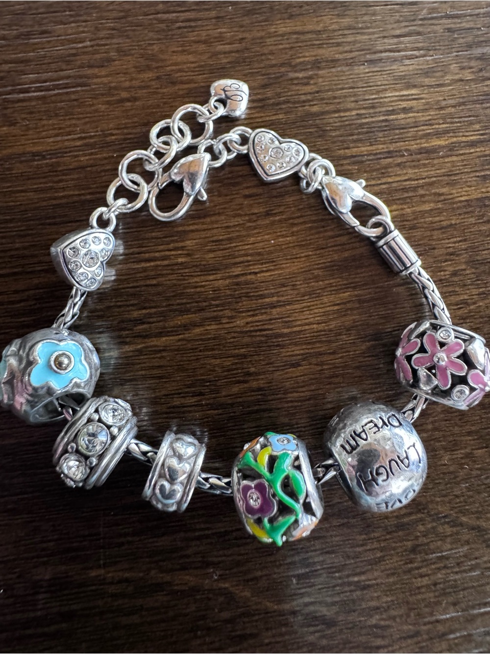 Pandora / Brighton Silver Heart Charm Bracelet with Pink and Blue Enamel Accents